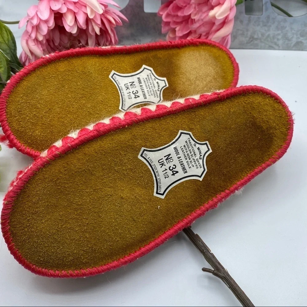 Greek Wool Slippers 34/US 2.5 -3 Youth‎ Orange Pink